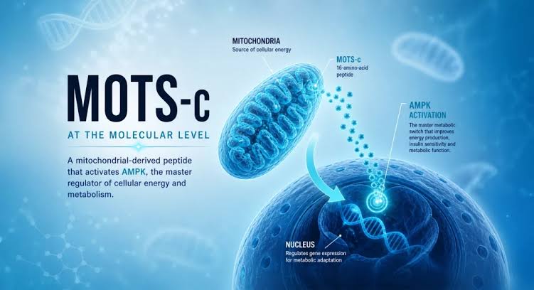 Scientific illustration of MOTS-c peptide associated with mitochondrial structure and cellular energy metabolism pathways