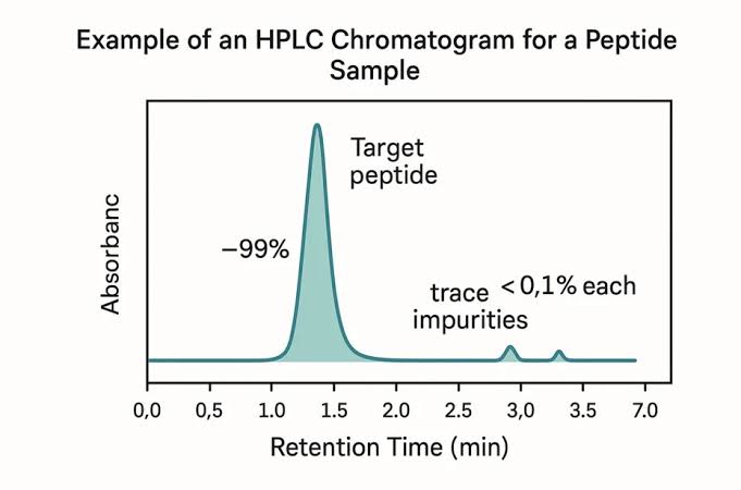 Professional analytical laboratory scene showing HPLC instrument with chromatogram display analyzing a peptide sample