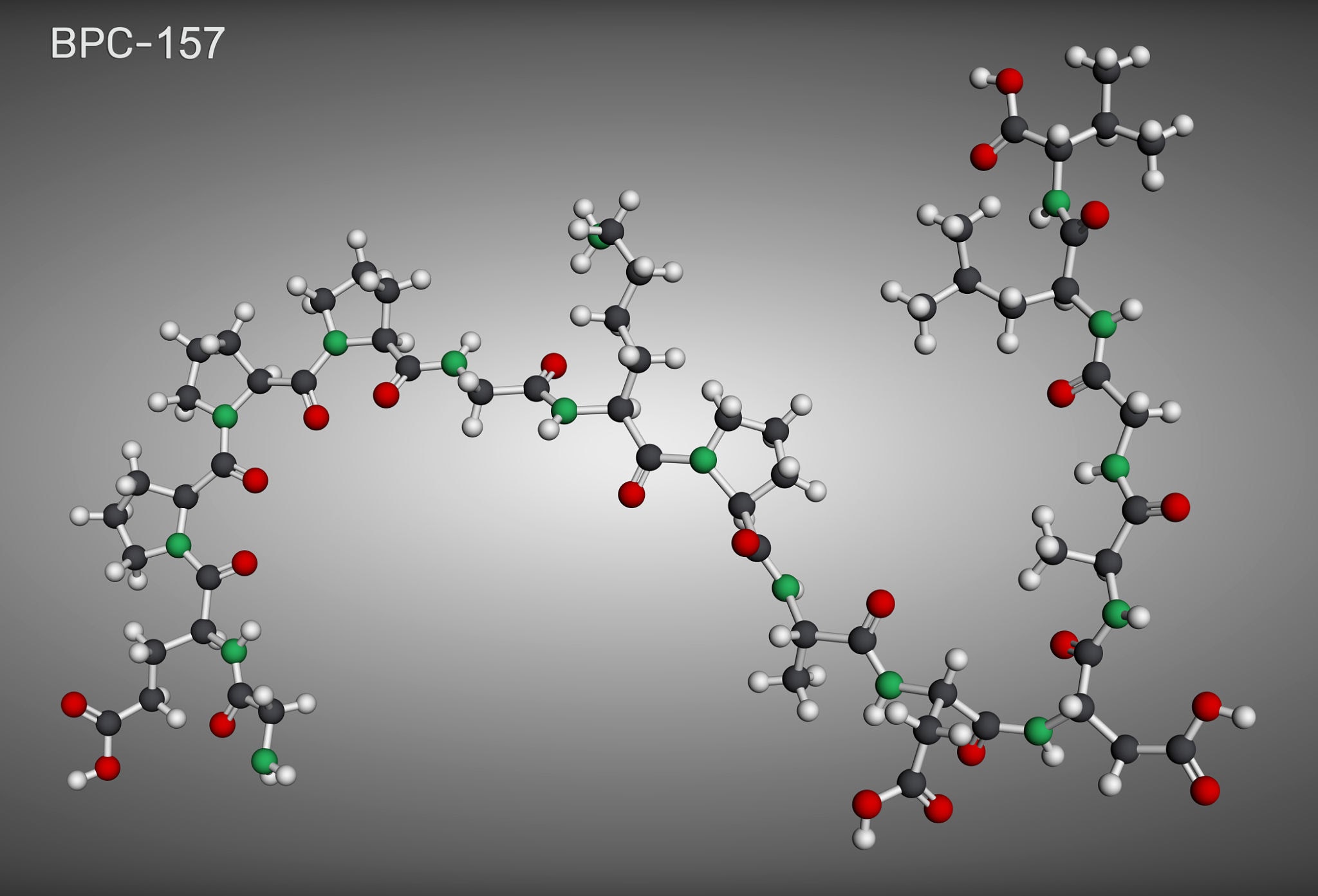 Bpc-157, body protection compound, gastric pentadecapeptide molecule. Synthetic fifteen amino acid oligopeptide, regenerative peptide for tissue repair. 3D render